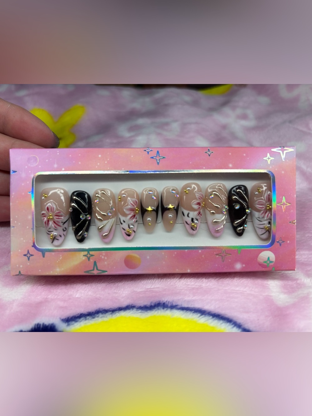 Handmade Press On Nails— Pink, Black & Nude Floral with Gold Accent